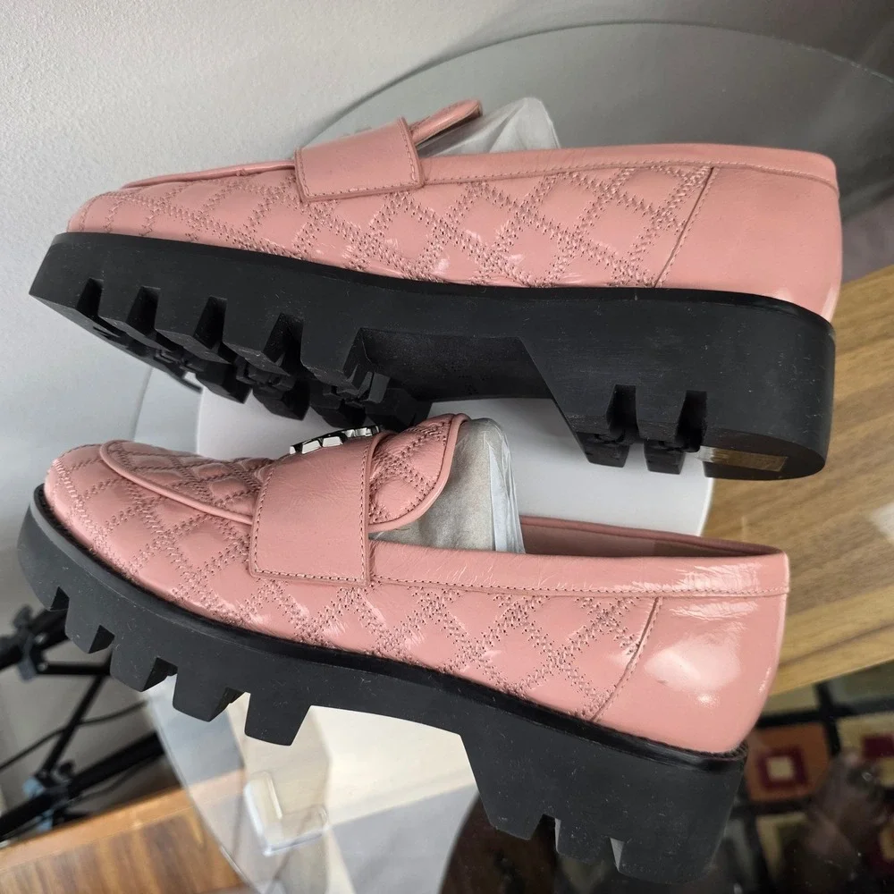 Tory Burch Mini Everly Chunky Leather Loafer 9M Pink Quilted Patent Lug Sole